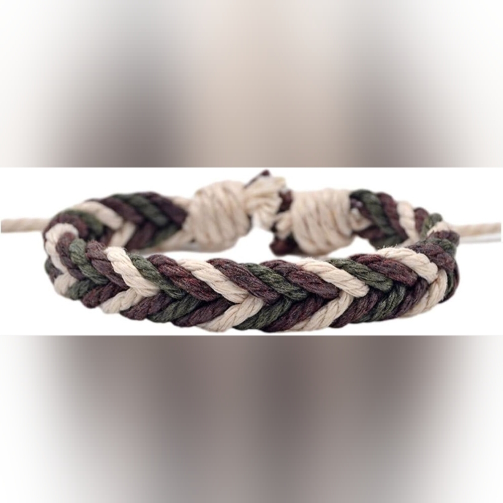 Braided Rope Bracelet in Cream, Green, and Brown